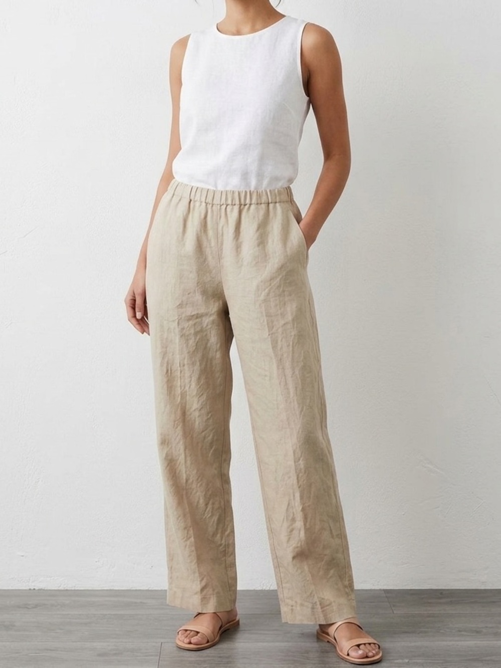 J.Crew Linen Pull-On Pants Size S Tan Beige Elastic Waist Casual Summer Lounge❤️